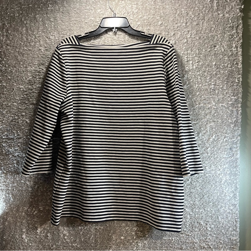Talbots Women Plus 2X White Blue 3/4 Sleeve Top Square Neck Nautical Preppy